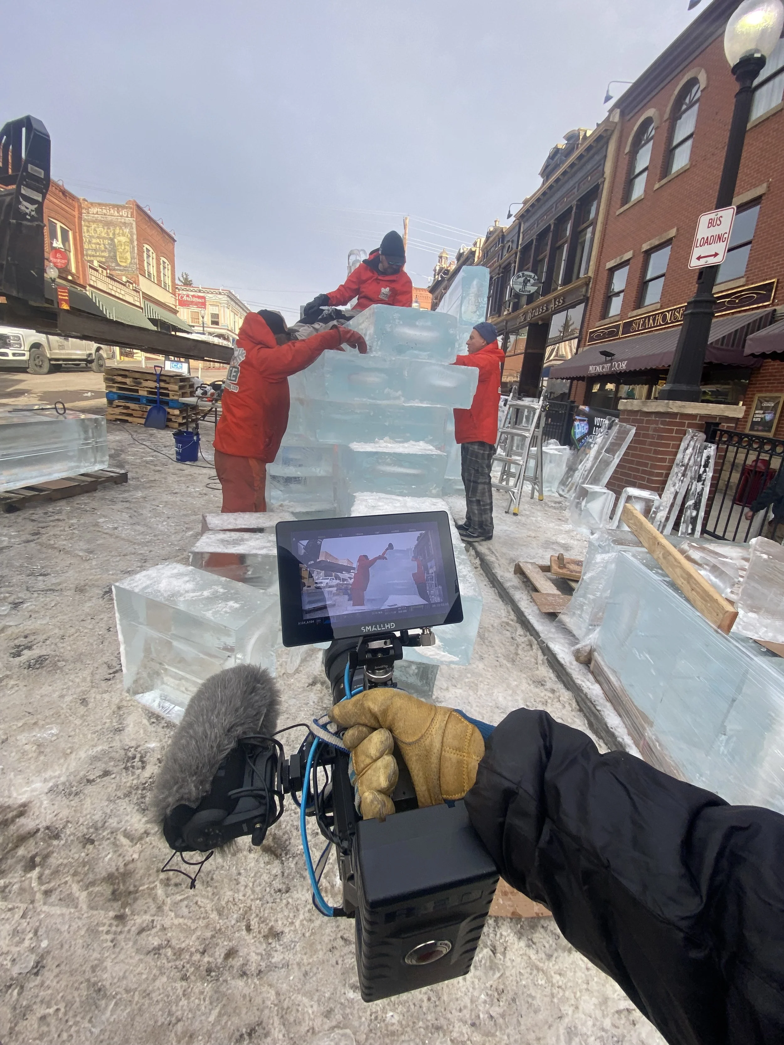 Camera monitor during an outdoor winter video production in Colorado.
