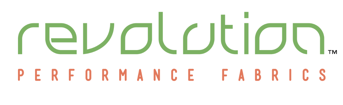 Logo of Revolution Performance Fabrics with the word 'revolution' in green stylized font and 'performance fabrics' in red uppercase letters below.