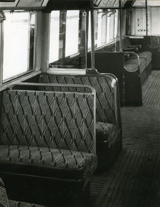  B/W print; 1938 Tube stock interior; seats upholstered in moquette with Enid Marx's 'Shield' pattern, 1949 