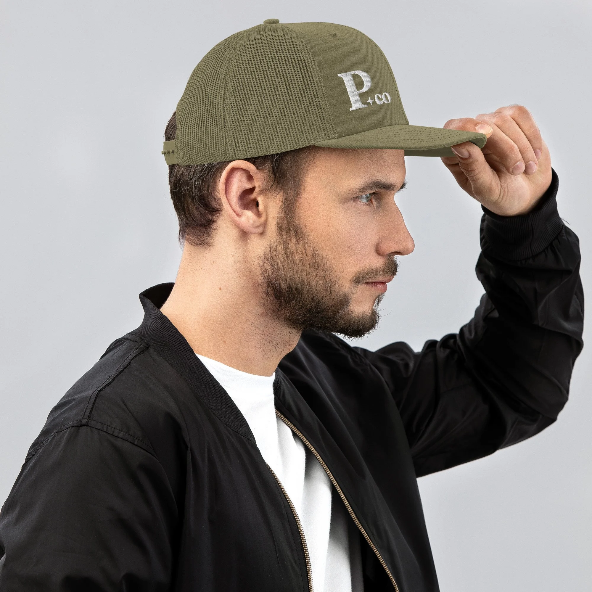 P + Co. Emblem Trucker Hat - Black Embroidery
