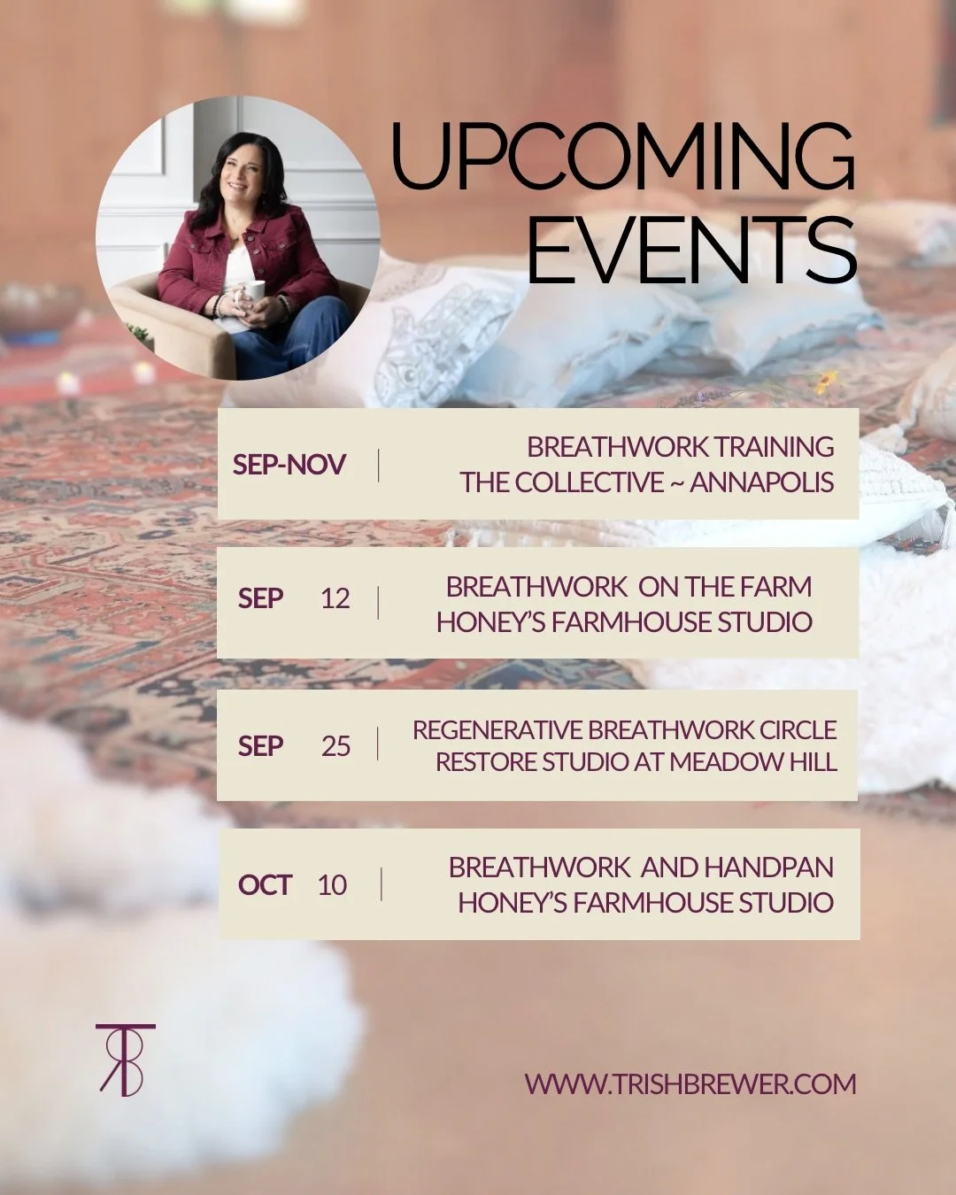 ⁣
As summer softens into fall, here&rsquo;s where you can land this season.⁣
⁣
Sep 12 &mdash; Breathwork on the Farm @honeys_farmhouse @honeysharvestfarm 
⁣
Sep 25 &mdash; Regenerative Breathwork + Reiki Circle @restorestudio_annapolis 
⁣
Sep&ndash;N
