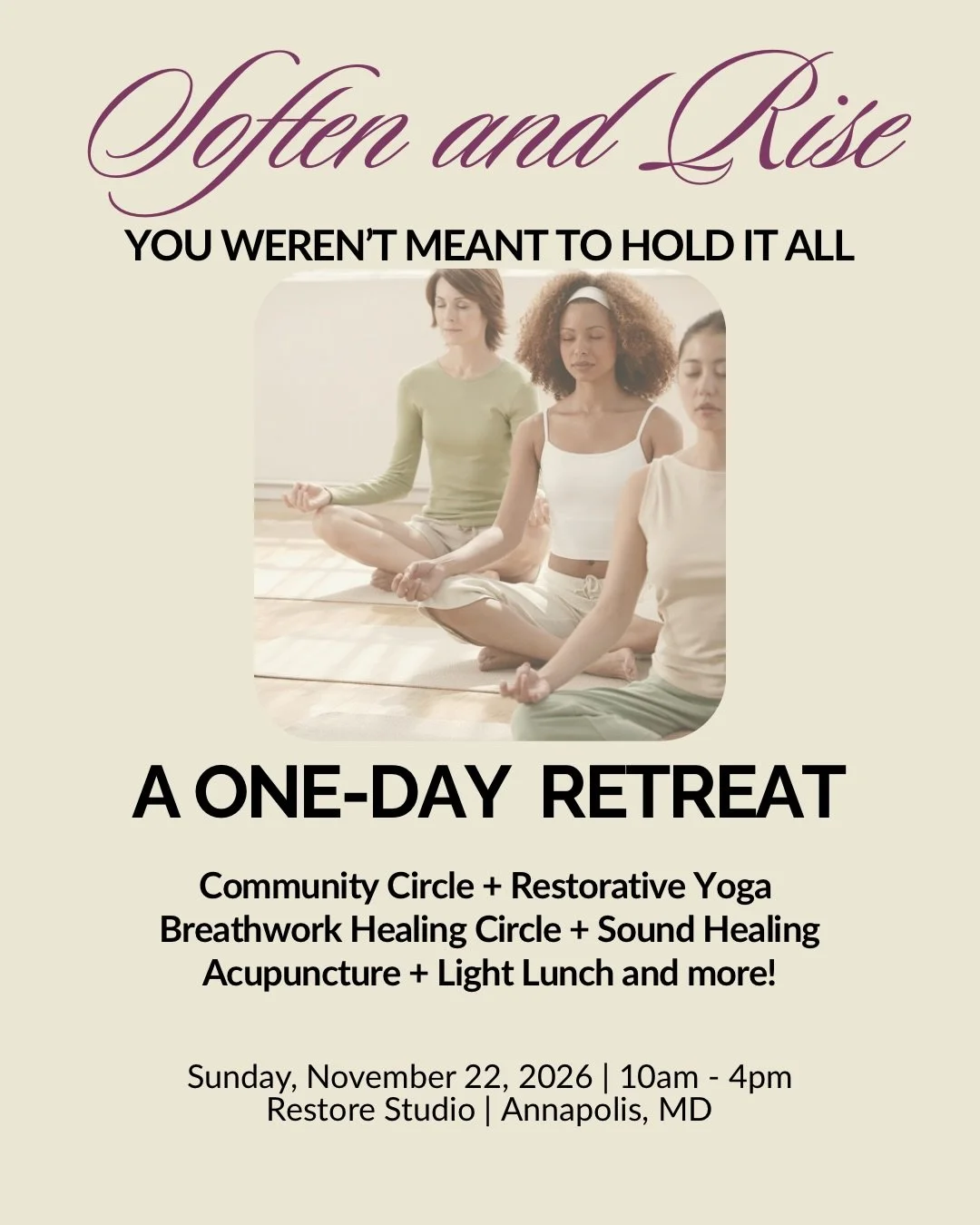 ⁣
You weren&rsquo;t meant to hold it all.⁣
⁣
Soften and Rise is a one-day retreat for women on Sunday, November 22, from 10am to 4pm @restorestudio_annapolis in Annapolis. A day only asks for one open Sunday.⁣
⁣
Swipe to see what&rsquo;s included and