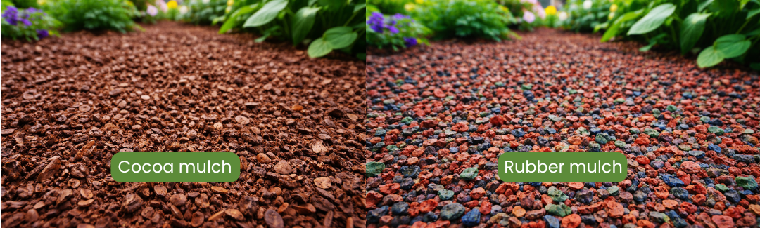 cocoa mulch and rubber mulch beds