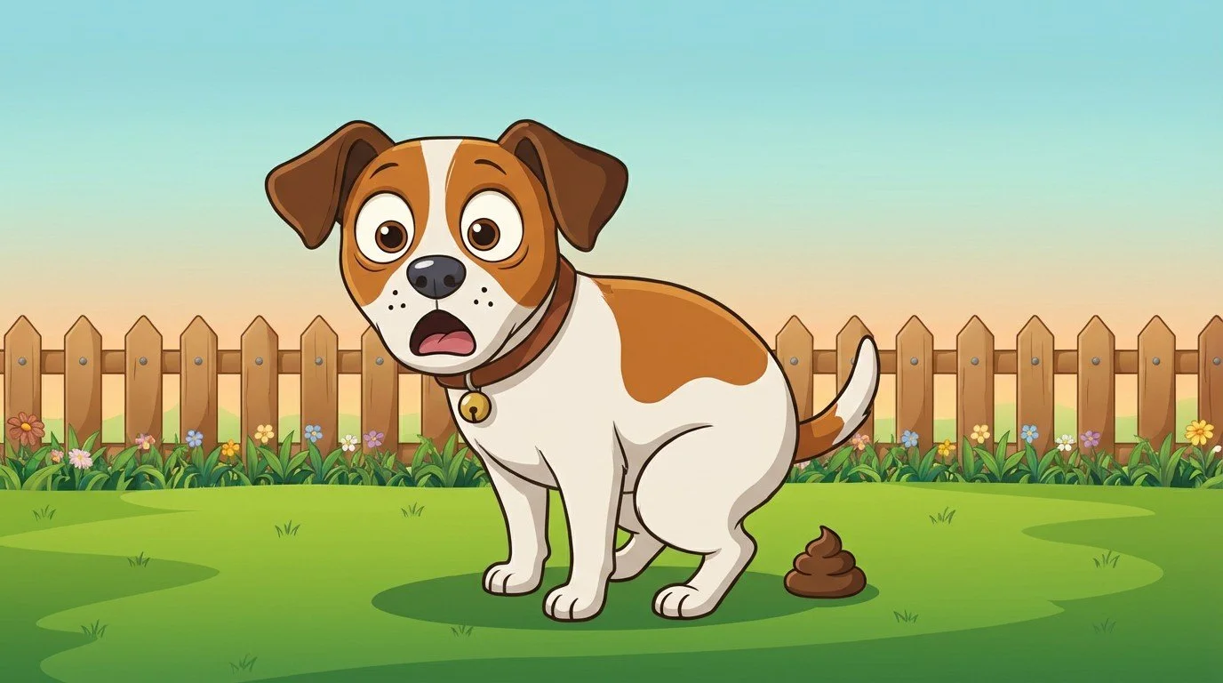 Cartoon image of a dog squatting and pooping