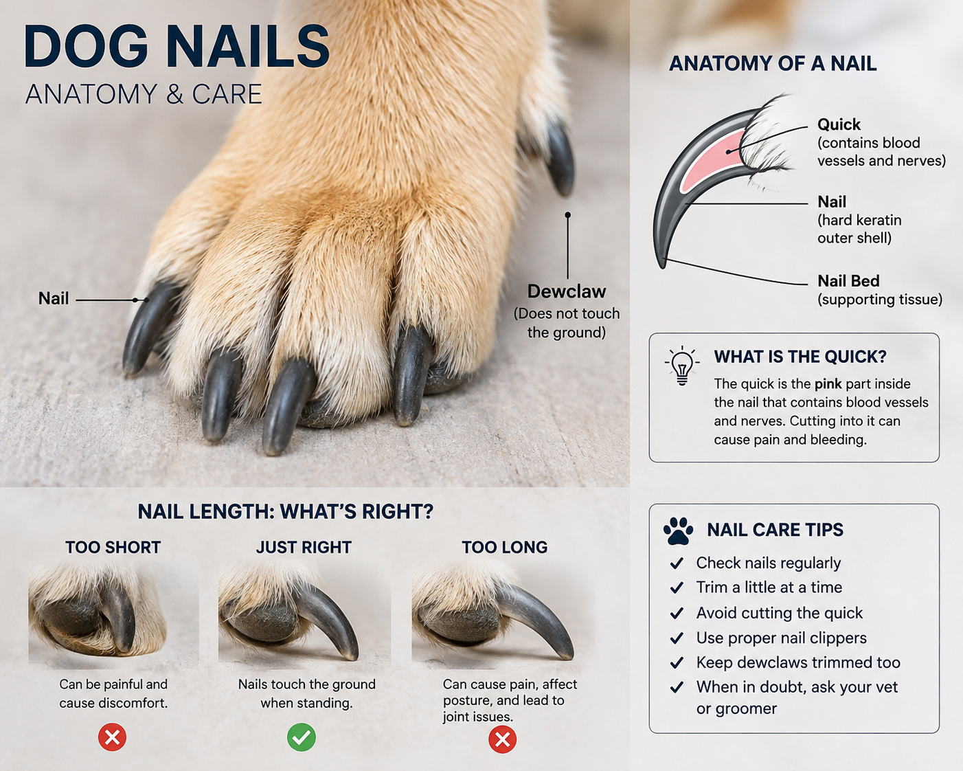 Images of dog nails and the appropriate length to cut them