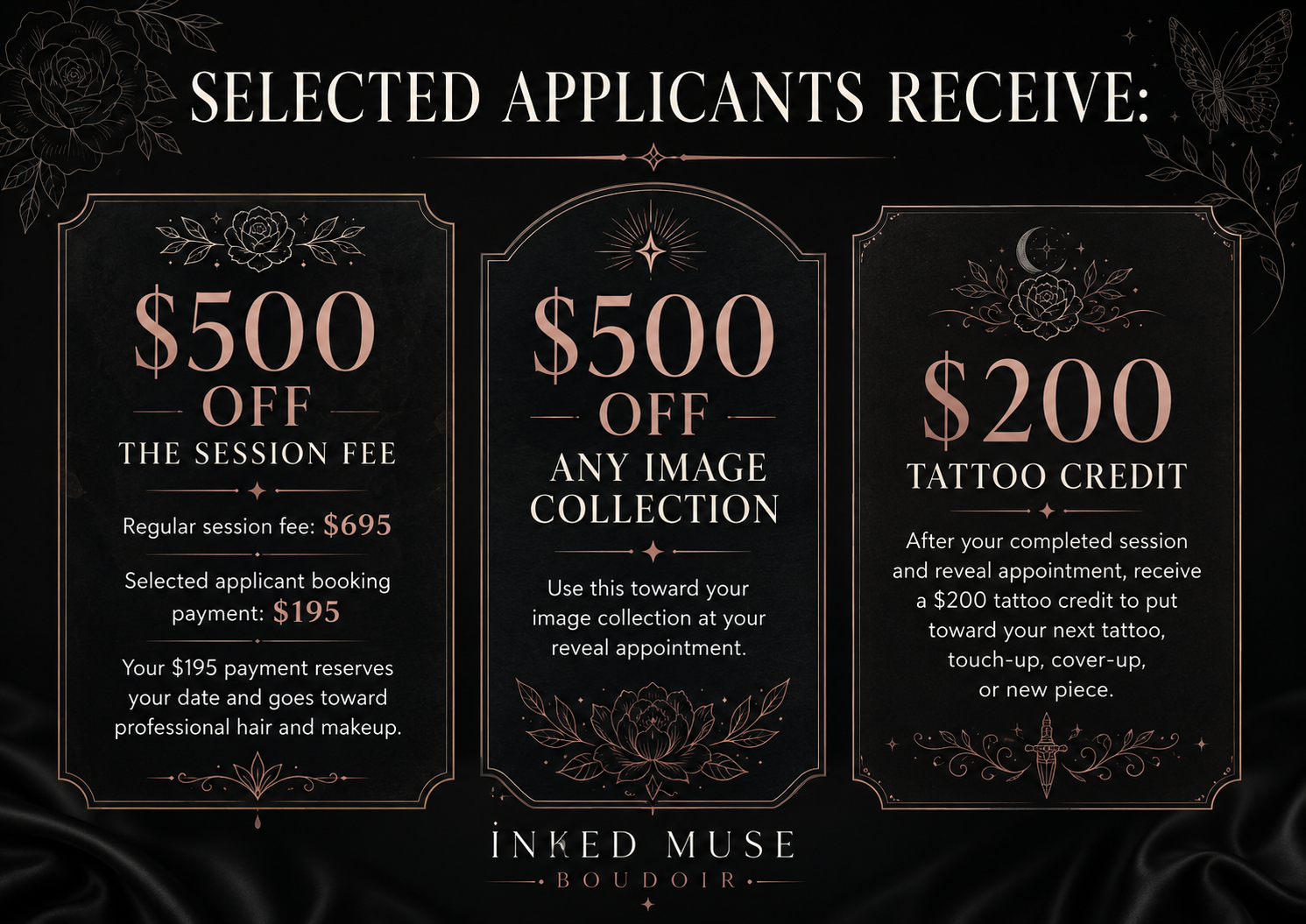 Promotional graphic with three offers: $500 off a session fee, $500 off any image collection, and $200 tattoo credit, featuring floral and celestial designs on a black background for Inked Muse Boudoir.