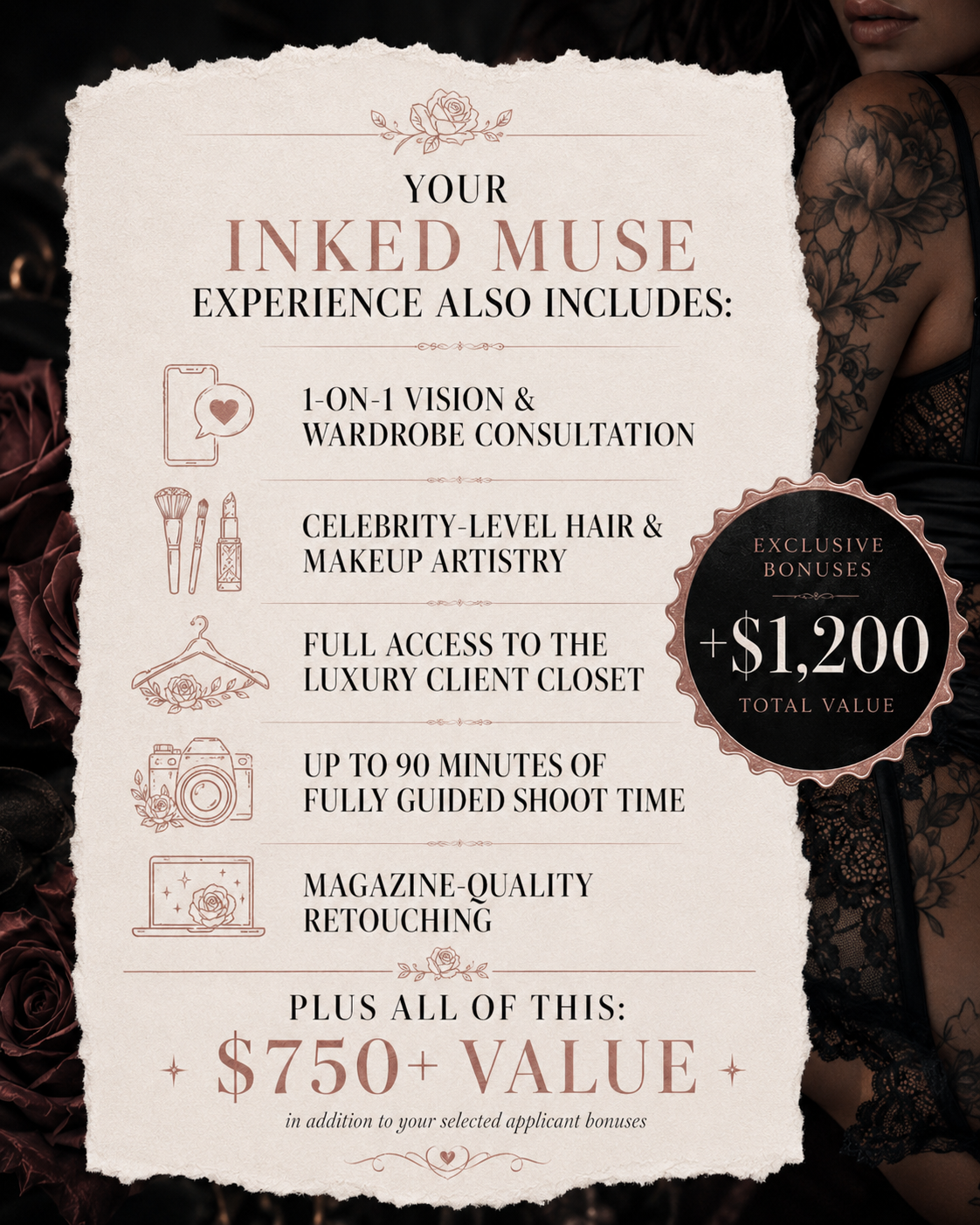 A promotional flyer advertising a beauty and photography experience called 'Inked Muse,' listing included services like vision and wardrobe consultation, celebrity-level hair and makeup artistry, access to a luxury closet, guided shoot time, magazine-quality retouching, and a bonus valued at over $750, with a total bonus value of $1,200.