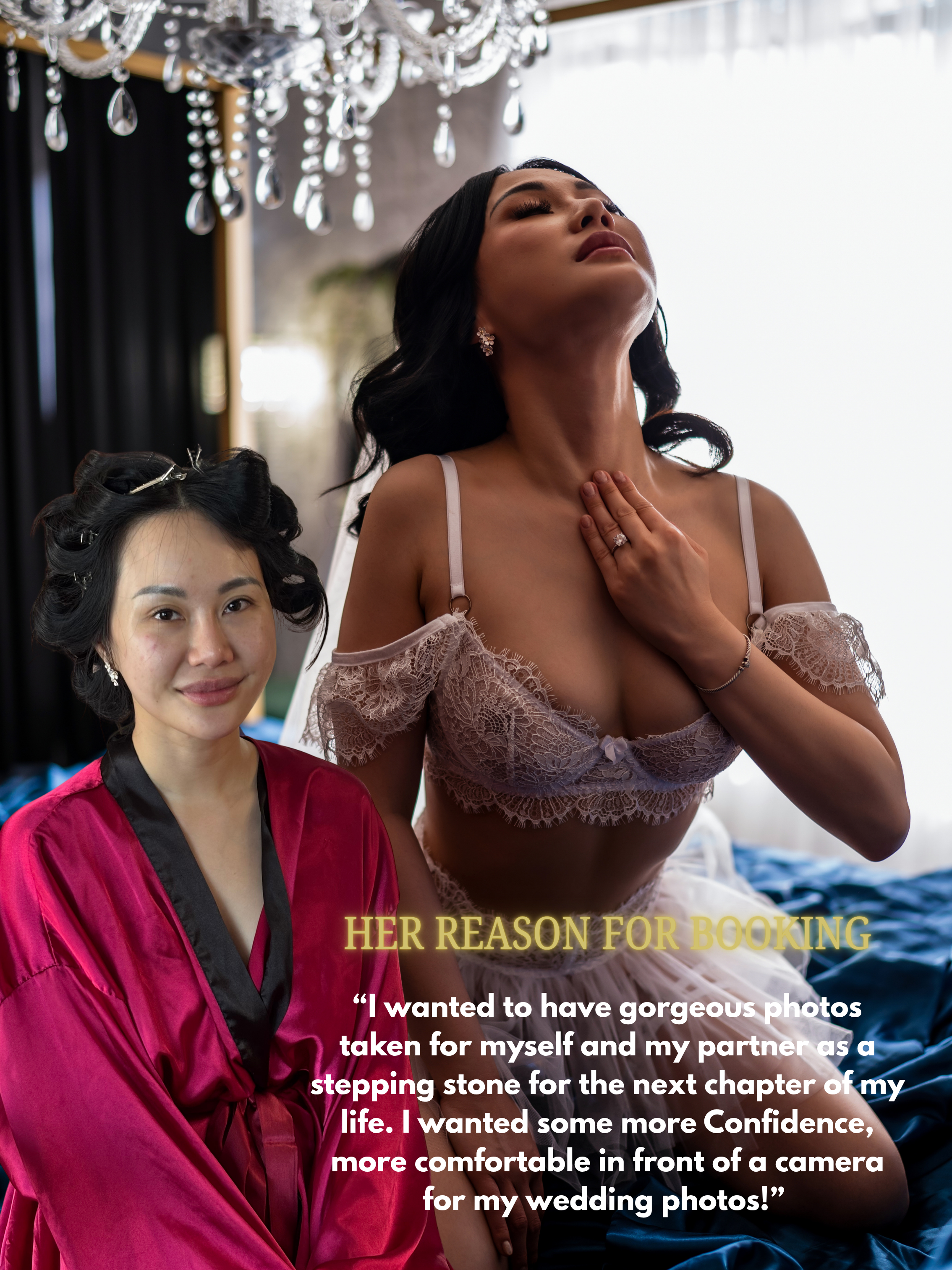 A woman in a pink satin robe sitting on a bed with another woman standing beside her. The standing woman is wearing a lace lingerie top and has hand on her neck. There is a chandelier above them, and the background has black curtains and a bright window.