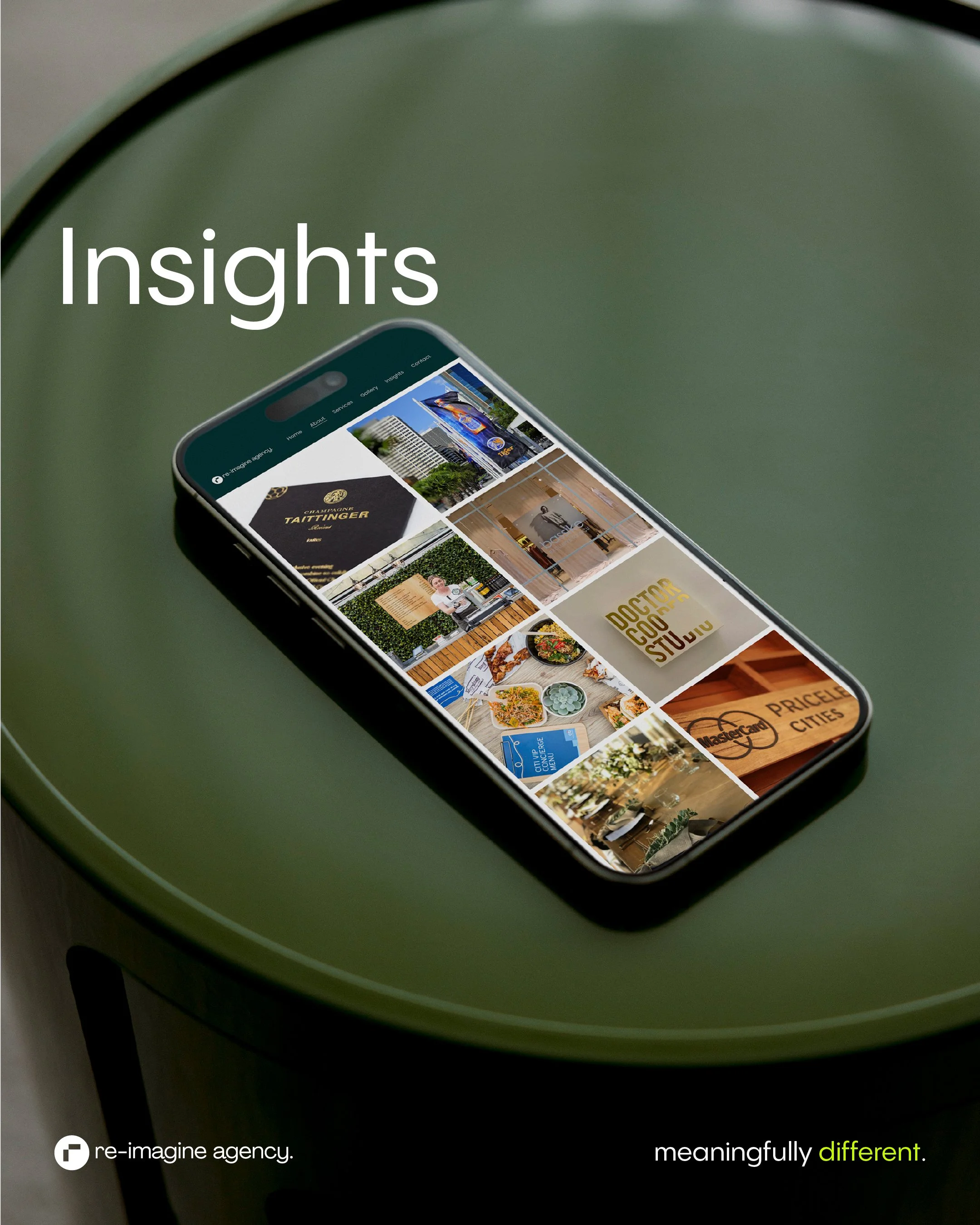 Close-up of a smartphone screen displaying a website with images and text, resting on a green circular table, with the words 'Insights' and 'meaningfully different' visible on the screen.
