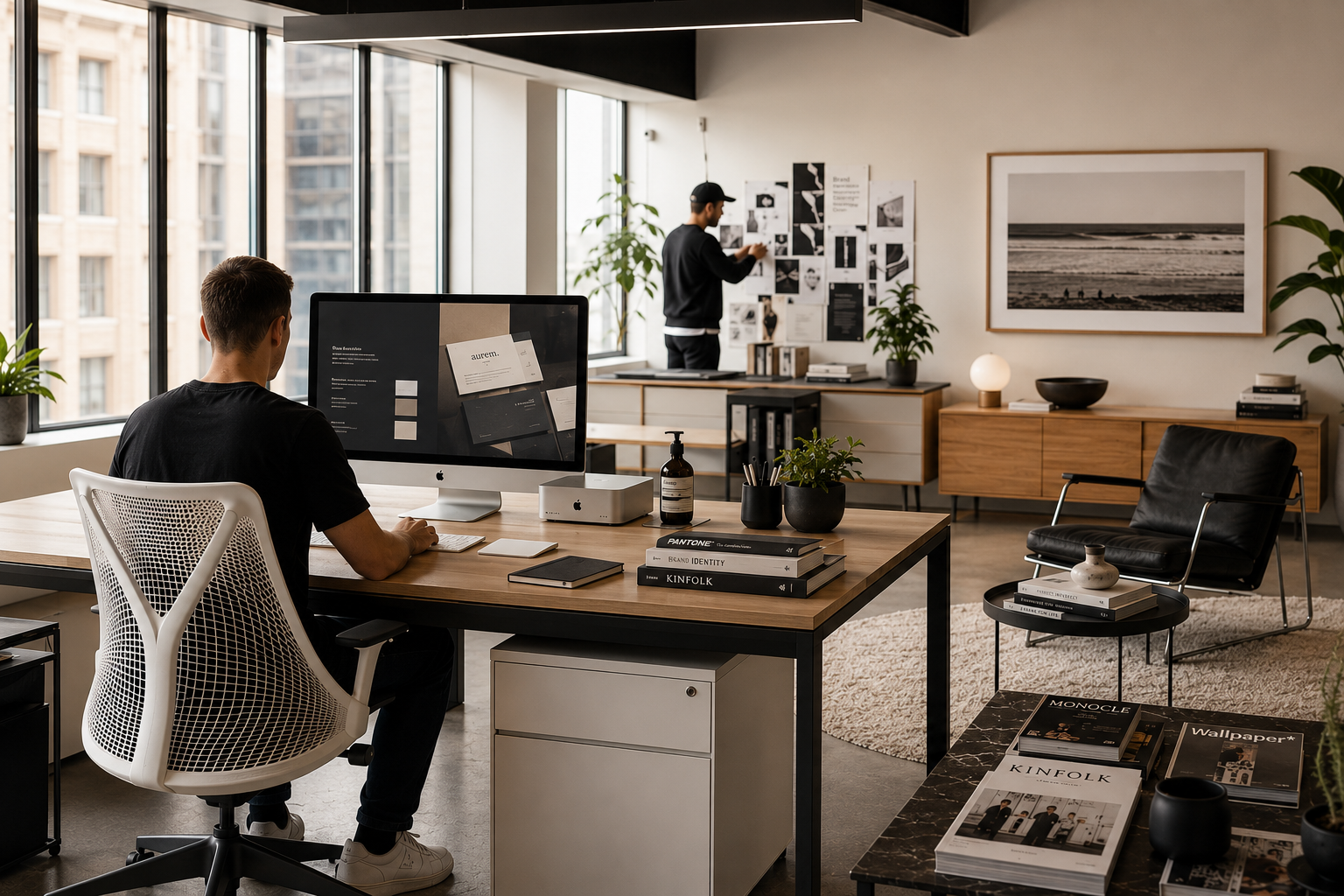 A modern office with two men working; one is seated at a desk with a computer, and the other is standing by a wall looking at a collage of pictures and papers. The office includes plants, books, a black armchair, and large windows showing a cityscape.
