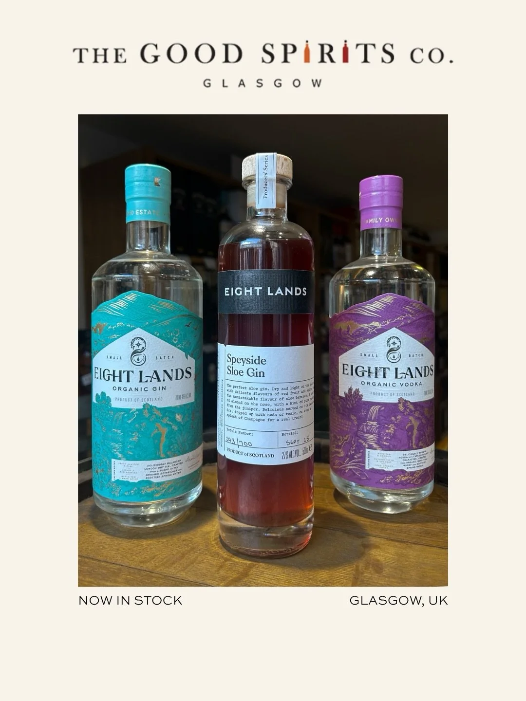 We&rsquo;re delighted to share that Eight Lands has arrived at @thegoodspiritsco in Glasgow.

Find us on the shelves at 23 Bath Street, Glasgow G2 1HW, or shop online at thegoodspiritsco.com. #eightlands