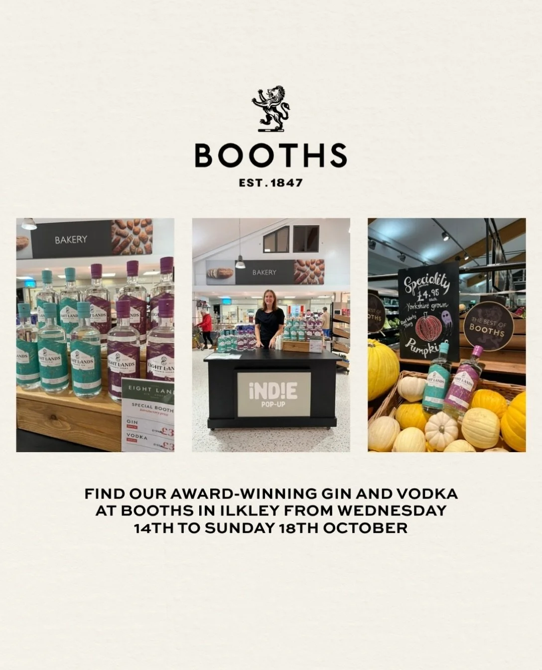 We&rsquo;ve made ourselves at home at @boothscountry in Ilkley.

Our Gold Medal-winning Organic Gin and Vodka are in store through Sunday 18th October, with a special launch price while we&rsquo;re there.

Pop in, try them for yourself, and pick up a