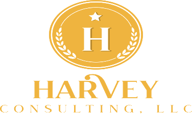 Gold circular logo with a white star and laurel leaves, letter H in the center, and the text "Harvey Consulting, LLC" below.