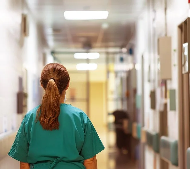 A person wearing teal scrubs walking down a hospital corridor.