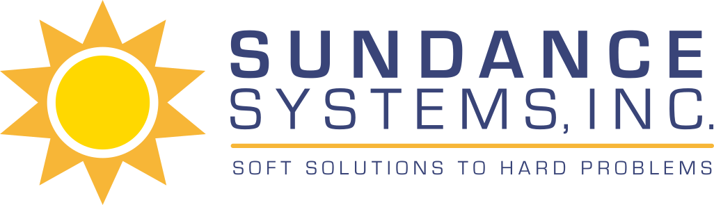 The logo of Sundance Systems, Inc. featuring a stylized sun with yellow rays and a yellow circle in the center, accompanied by the company name in bold dark blue letters and the tagline 'Soft Solutions to Hard Problems'.