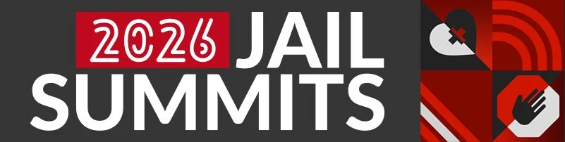 Graphic for 2026 Jail Summits with red, black, and white colors, including symbols of a broken heart, wave, hand, and a heart with a cross.