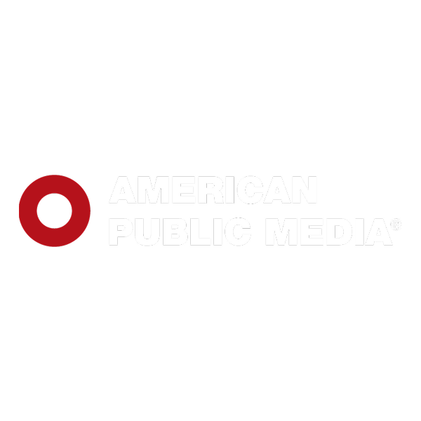 Logo with a red circle symbol and the text 'American Public Media' in white on a black background.