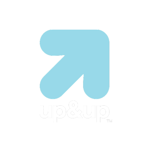 Upside-down logo with a large blue arrow and the words 'up & up' below it on a black background.