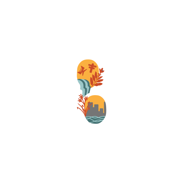 A circular logo with the words 'ownmiyimyon' and 'okhodayapi' surrounding a number 8 shape. The number 8 contains illustrations of a waterfall, trees, a sunny sky, and a cityscape.