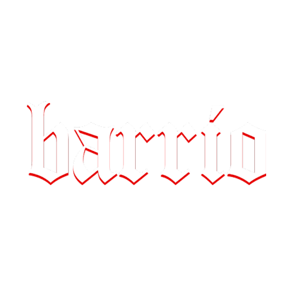 The word 'barrio' written in white goth-style font with a red outline on a black background.