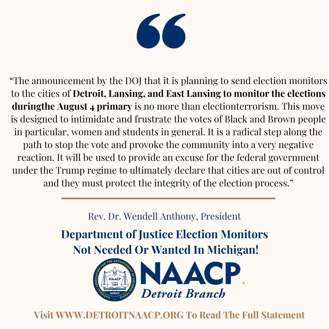 PRESS STATEMENT - DEPARTMENT OF JUSTICE ELECTION MONITORS NOT NEEDED OR WANTED IN MICHIGAN!