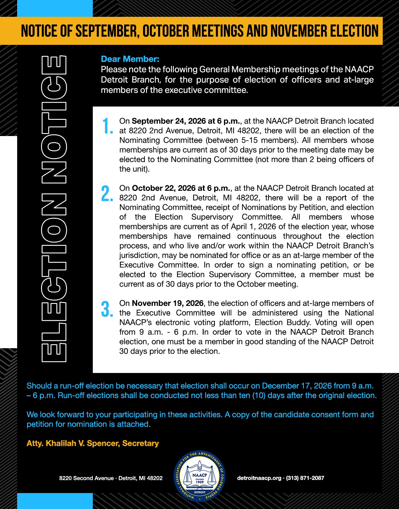 NOTICE OF SEPTEMBER, OCTOBER MEETINGS, AND NOVEMBER ELECTION 2026