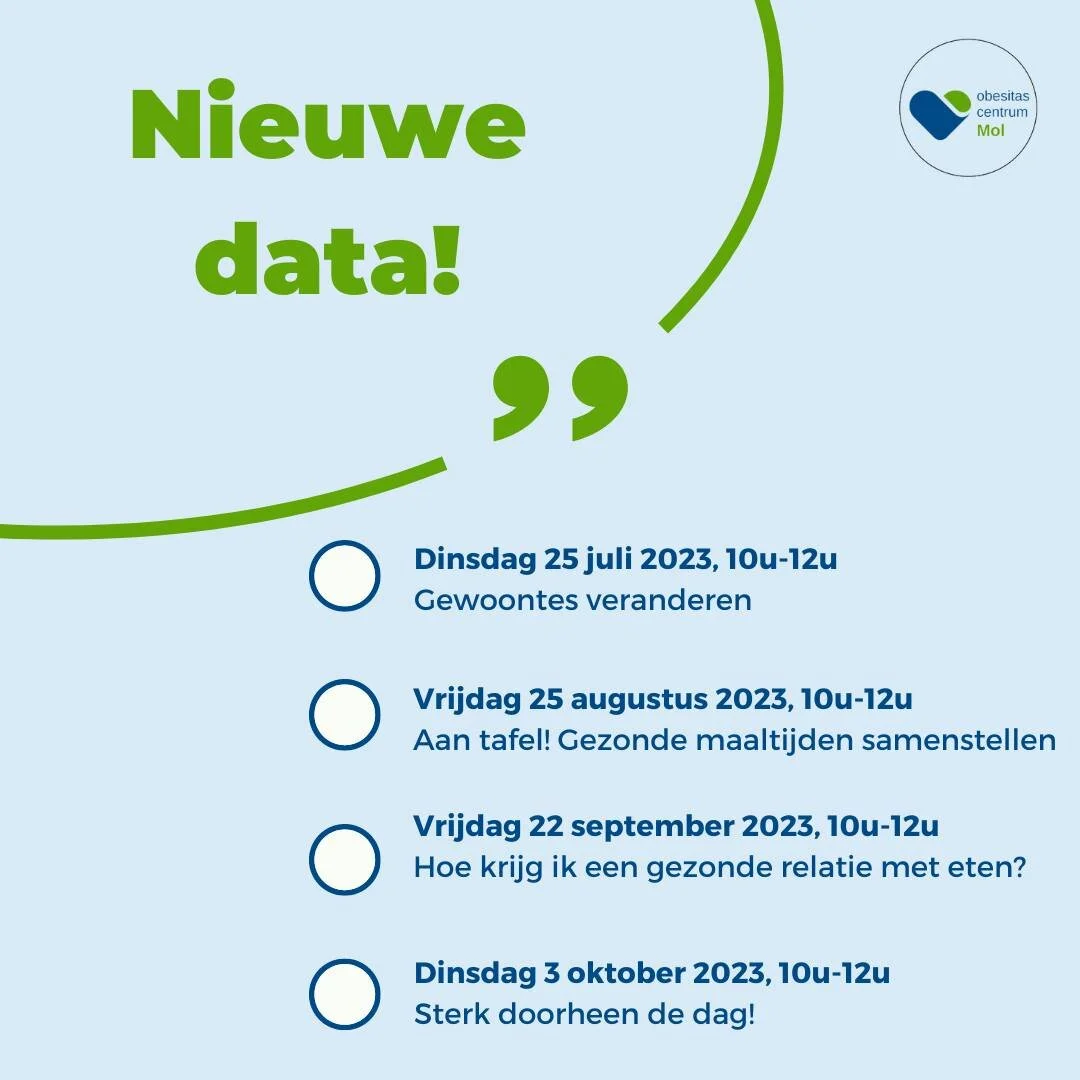 De nieuwe data voor de workshops zijn bekend!

Heb je interesse? Neemt zeker een kijkje op de website voor verder informatie. Ook heb je daar een zicht op de andere workshops en hun data. 

#obesitascentrummol #kennisdelen #workshop #warmemaaltijd #m