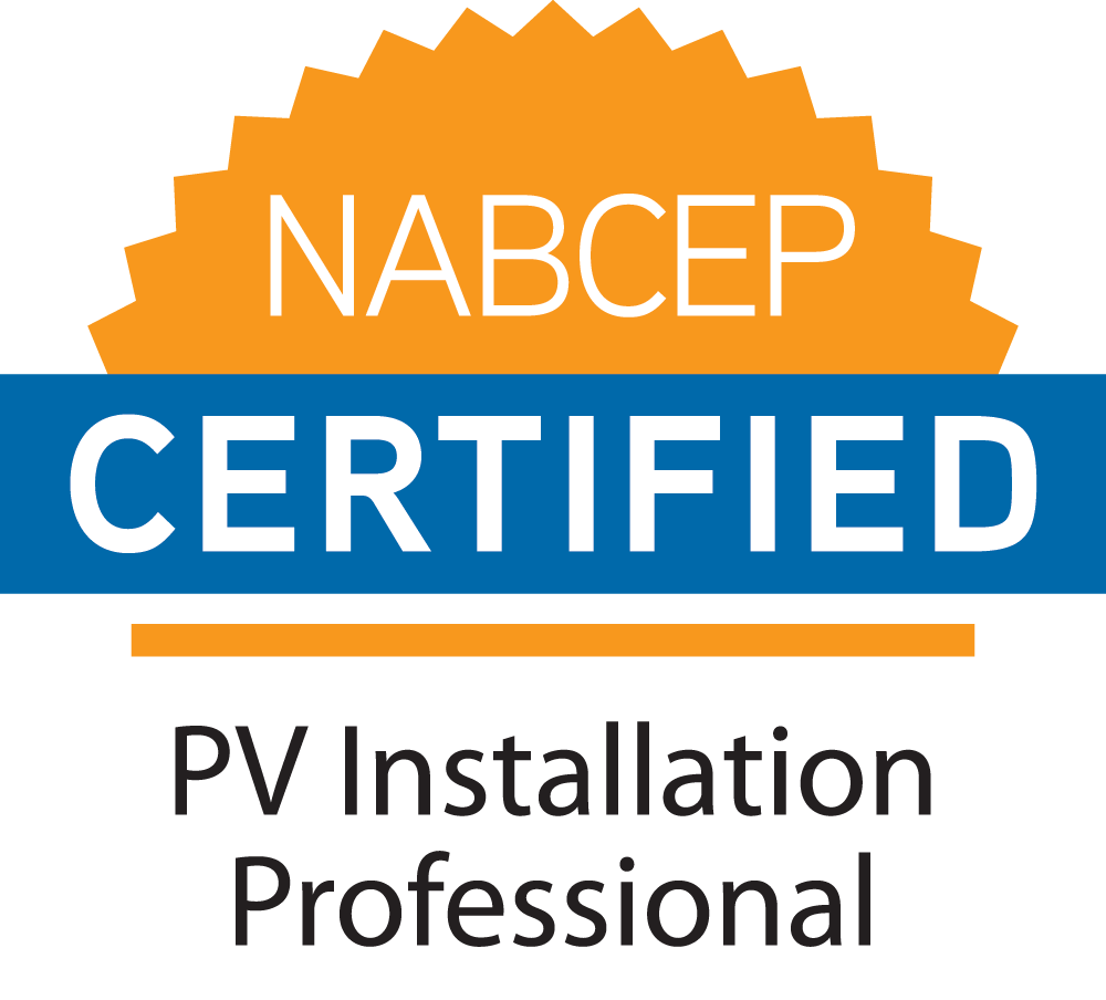 A badge or certification logo with a yellow starburst background, the words "NABCEP CERTIFIED" in white text on a blue banner, and the words "PV Installation Professional" in black text below.