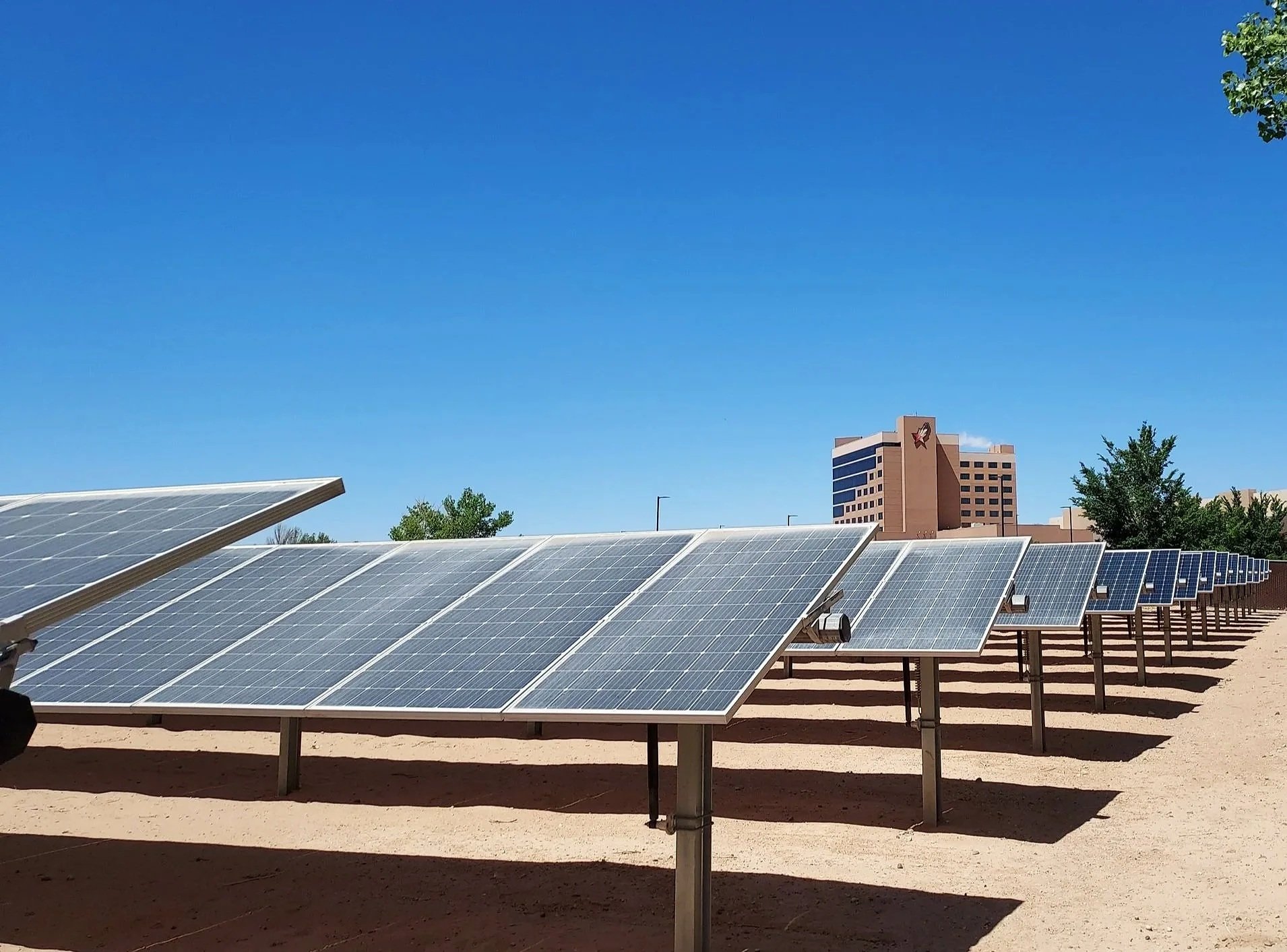 Ground mount solar panels arranged in rows for commercial energy use.