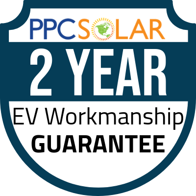 PPC Solar 2 Year Electric Vehicle Charging Station Workmanship Guarantee badge.