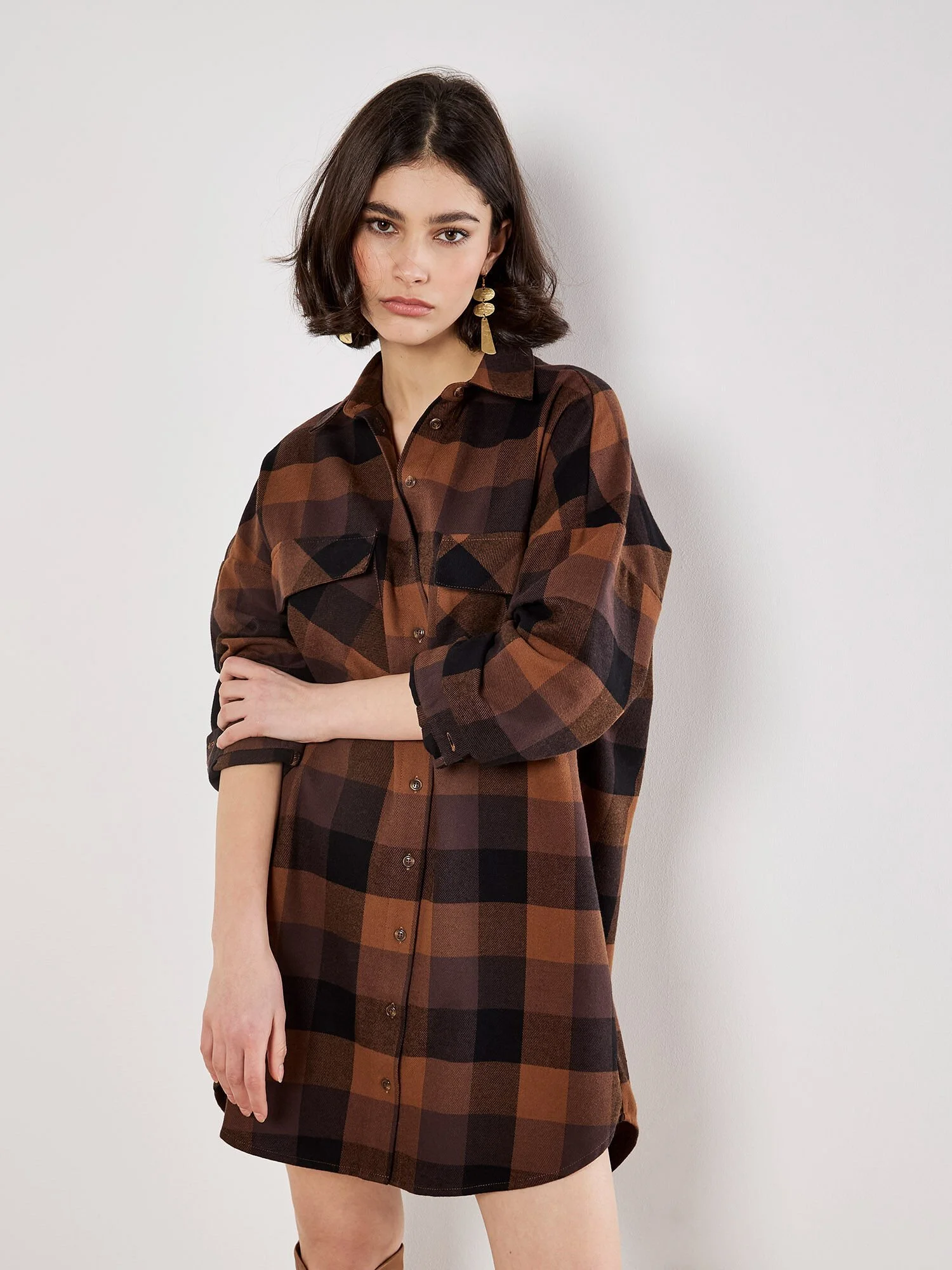 Mini-robe chemise à carreaux oversize - Apricot