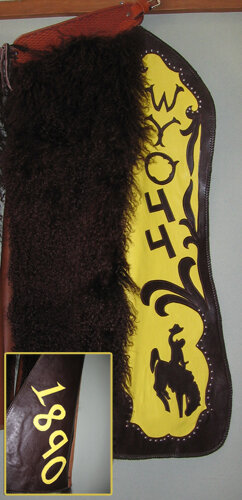 These collector's chaps are unique in there style they feature 44 as wyo. was the 44th state in the union the back side features 1890 the year it became a state.