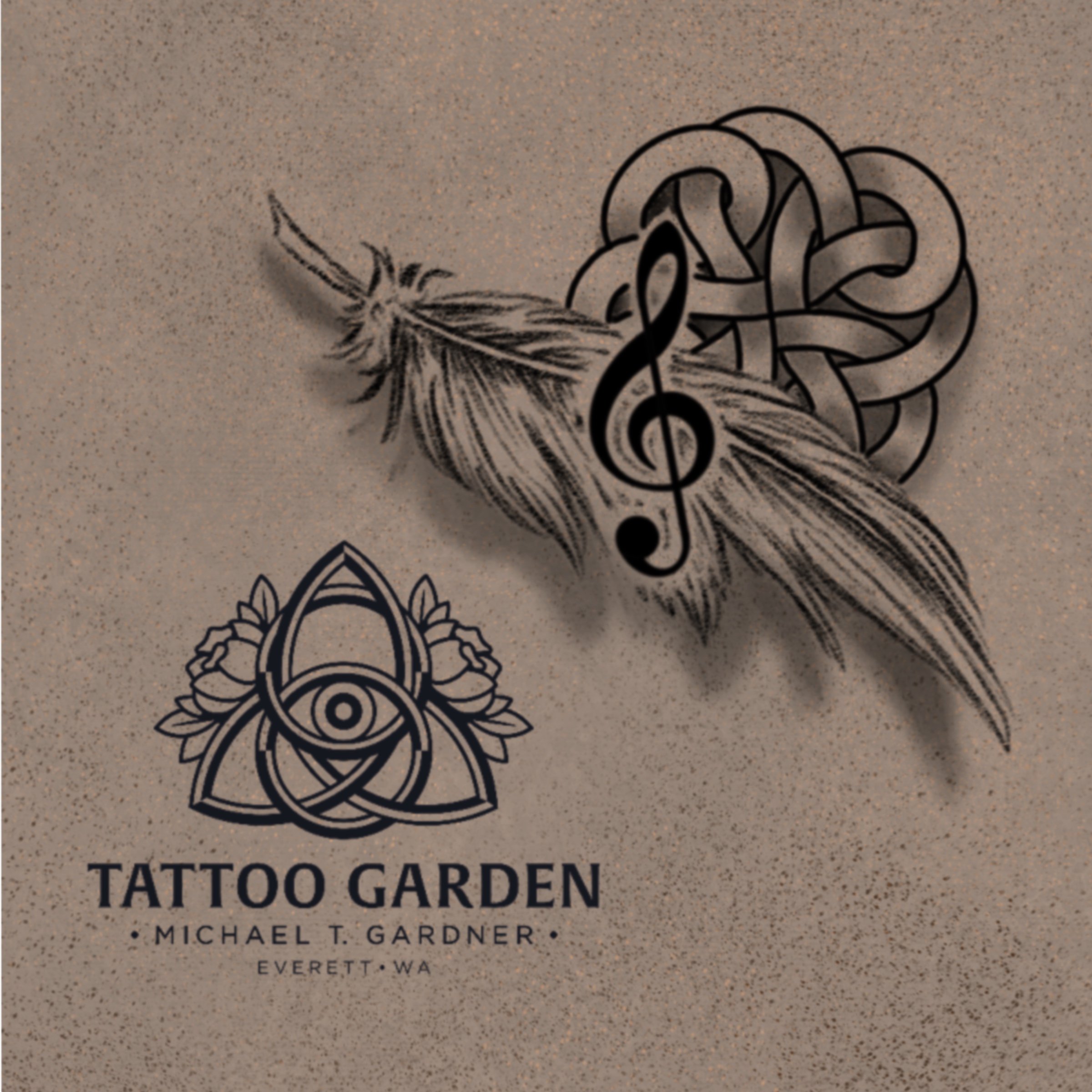 Treble clef, feather , and knot