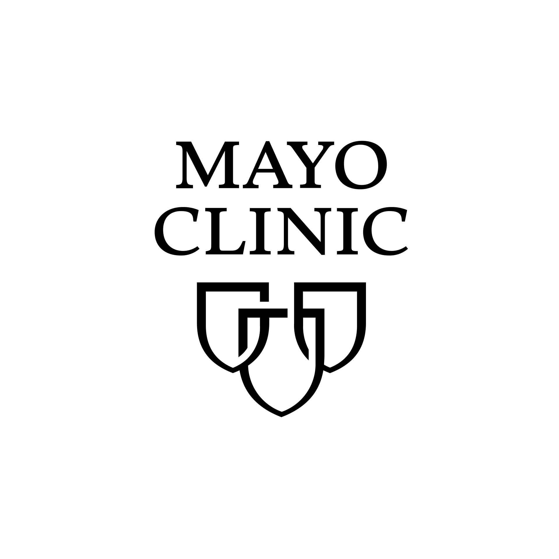 Mayo Clinic logo featuring text and shield icons on a white background.