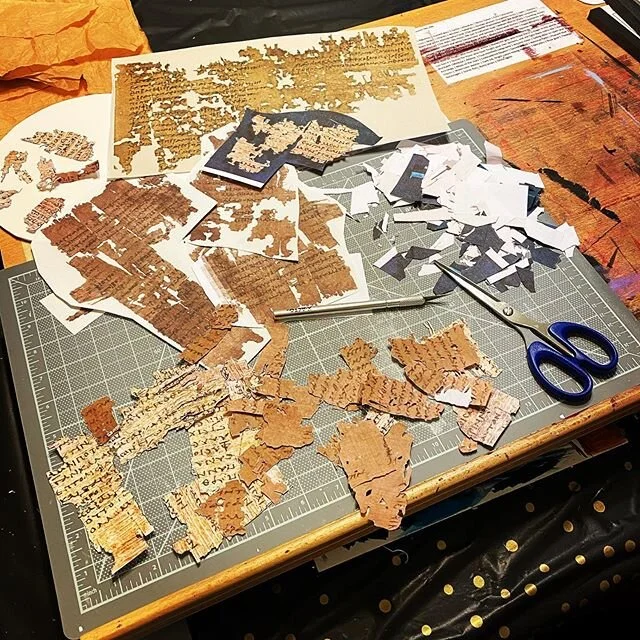It&rsquo;s collage time in the studio, starting with a layer of faux papyrus fragments. This is some tedious cutting, by the way. .
#sandylynnart #illustration #kcartist #papyrusfragments #collage #paperart #kcartist