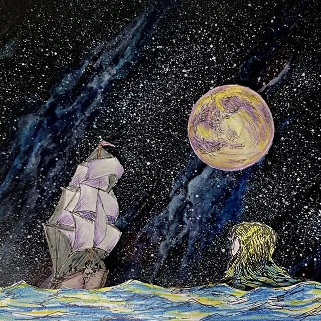 Rest Stops for Weary Souls: The Sirens are calling, and I must go. . . .
.
.
Mixed media: watercolor pencils, pen and ink, acrylic, gouache. #sandylynnstudio #sandylynnart #illustration #sirens #greekmythology #moon #ocean #papercutting