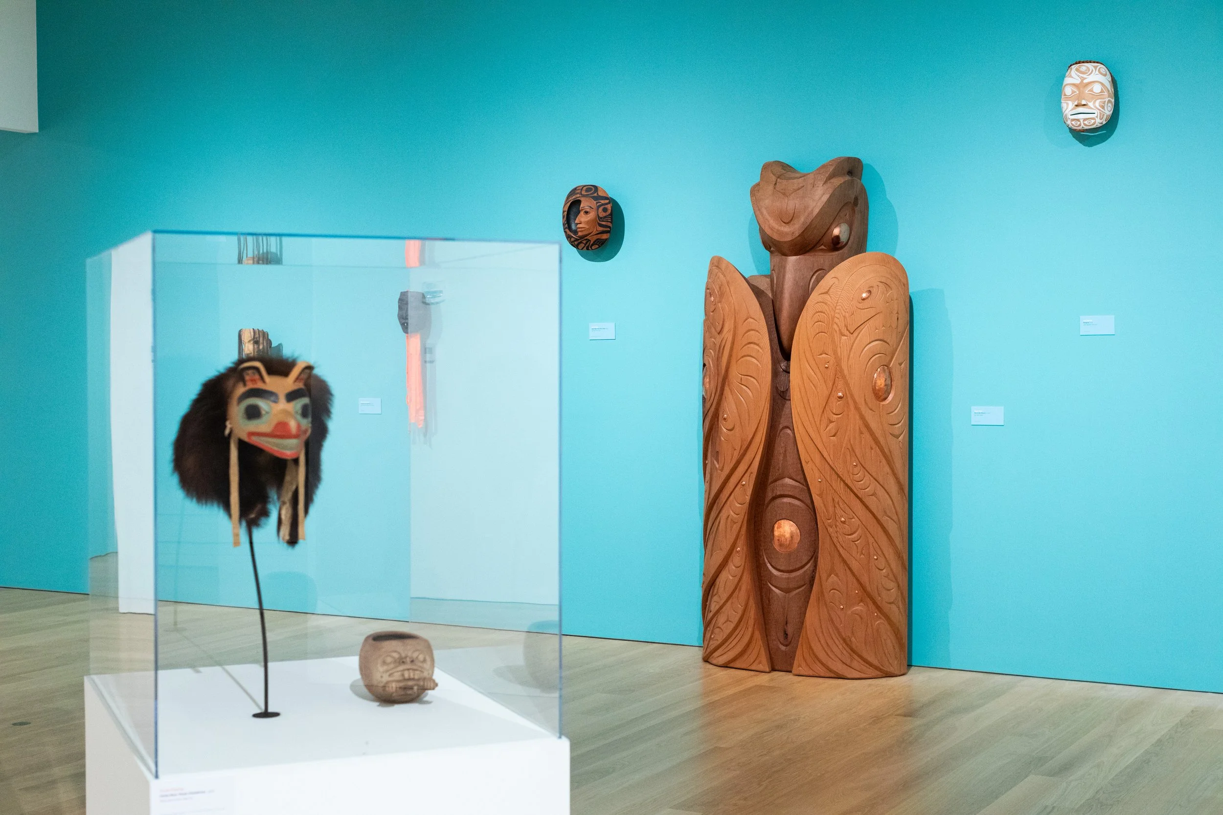Installation view of "Curve! Women Carvers on the Northwest Coast," Audain Art Museum, Whistler, Canada, 2024. Photo: Oisin McHugh Photo.