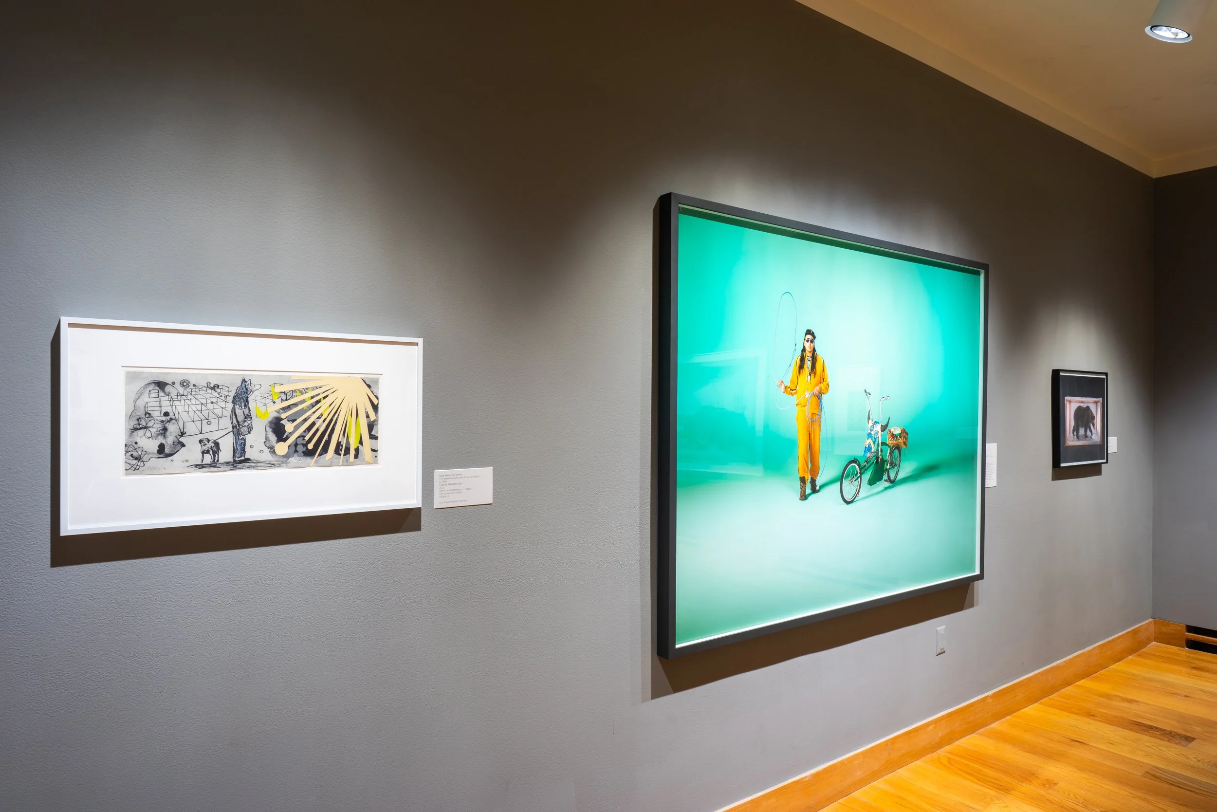 Installation view of "Hip Hop NDN," at the Pat Guthrie Special Exhibitions Teaching Gallery, University of Wyoming Art Museum, Laramie, WY, 2025. Courtesy of the University of Wyoming Art Museum.
