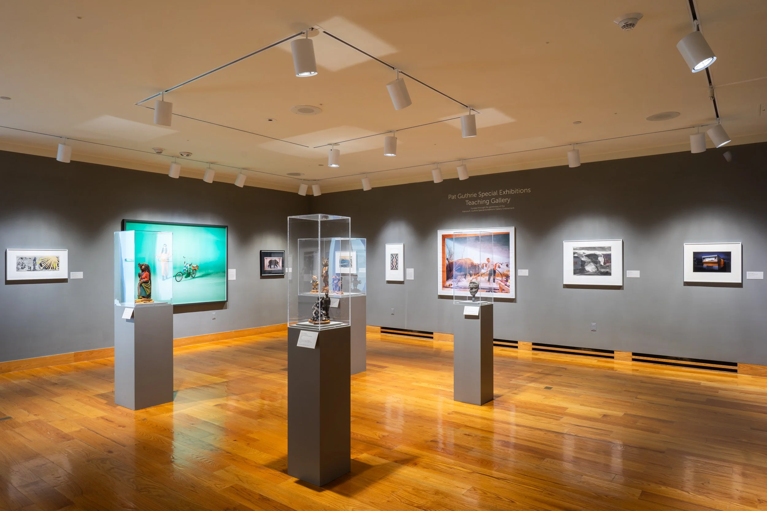 Installation view of "Hip Hop NDN," at the Pat Guthrie Special Exhibitions Teaching Gallery, University of Wyoming Art Museum, Laramie, WY, 2025. Courtesy of the University of Wyoming Art Museum.