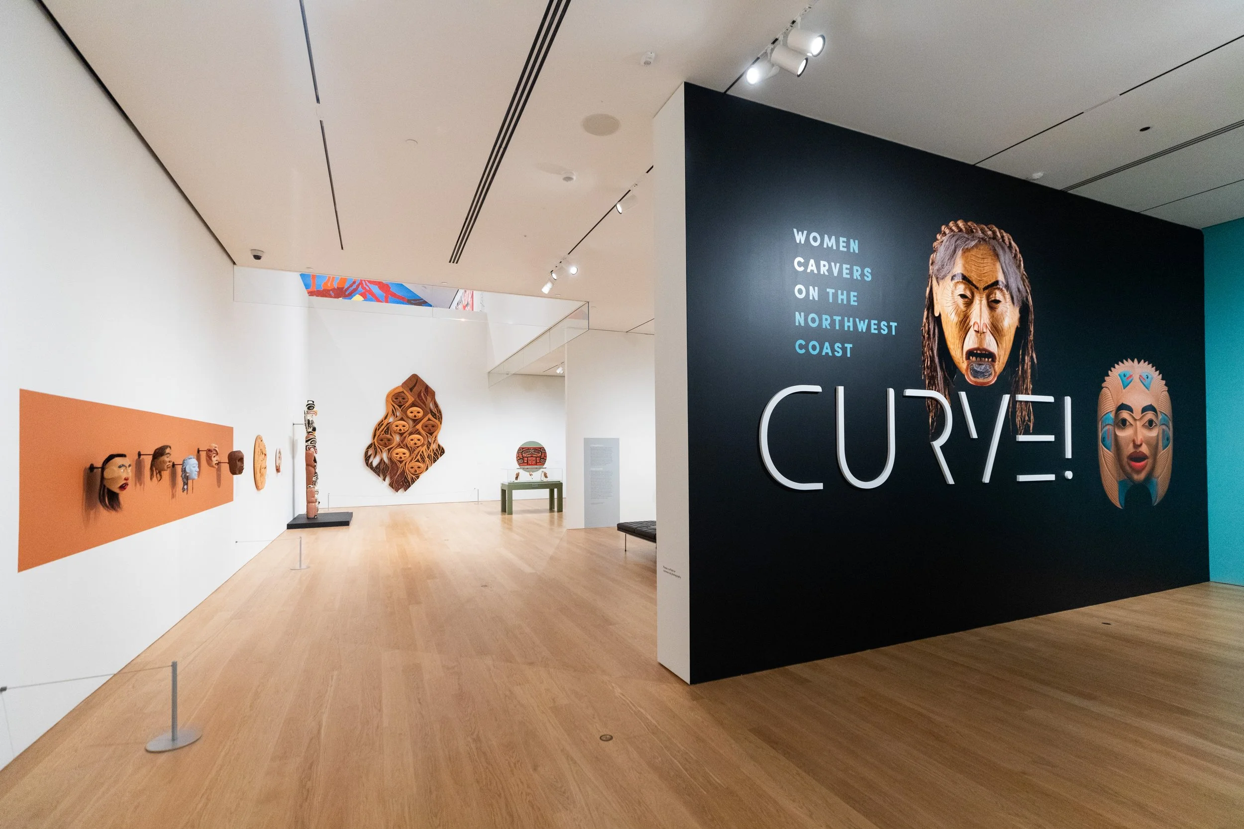 Installation view of "Curve! Women Carvers on the Northwest Coast," Audain Art Museum, Whistler, Canada, 2024. Photo: Oisin McHugh Photo.