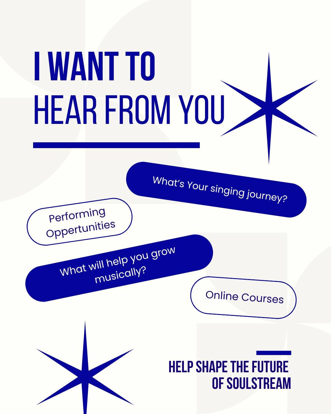 Soulstream is expanding.

Over the coming months I&rsquo;ll be developing new learning spaces for singers &mdash; including small-group vocal classes and community experiences.

Before I build anything, I want to hear from you.

I&rsquo;ve created a 