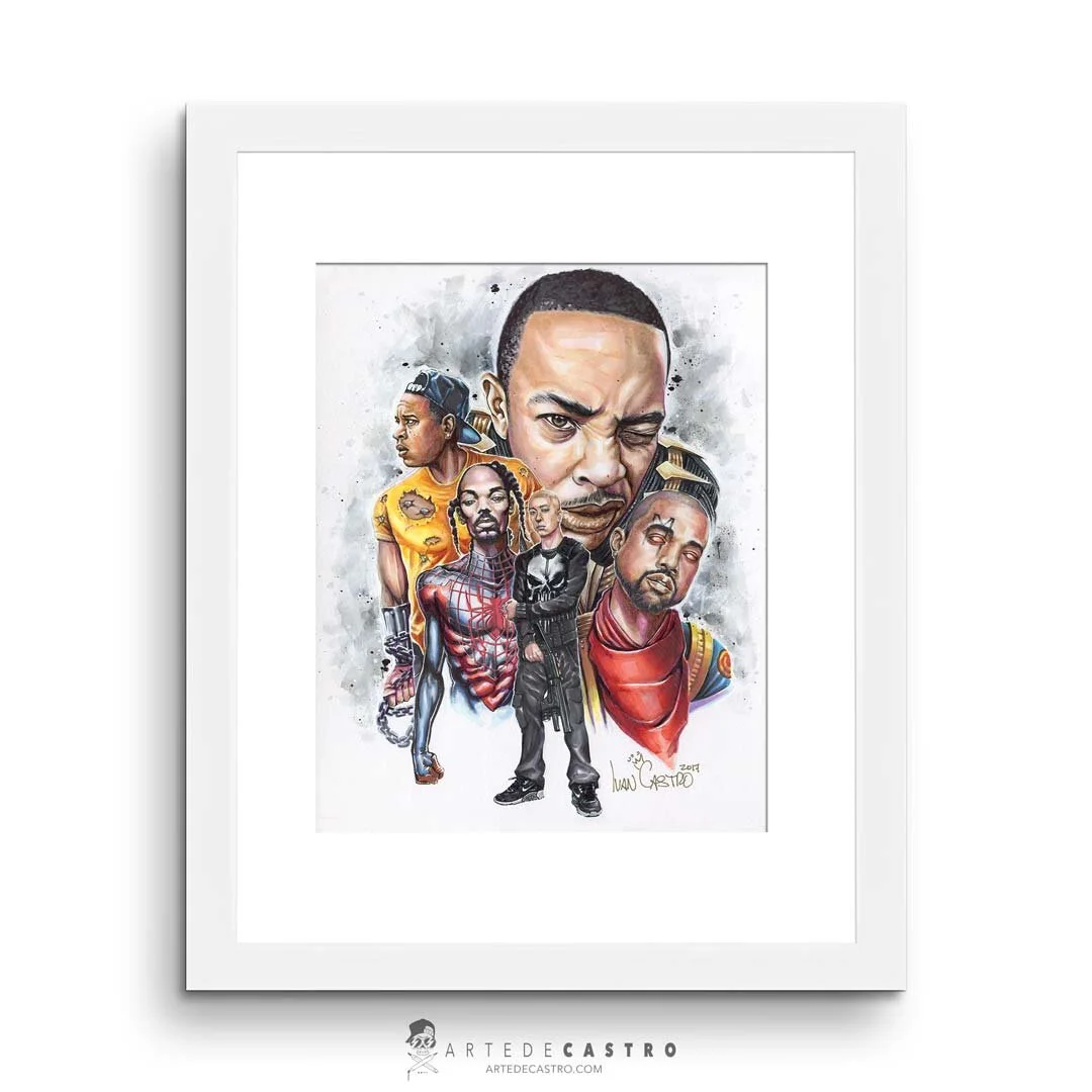 Mixed media portrait of five diverse characters with notable facial expressions in front of a splatter background, framed in white.