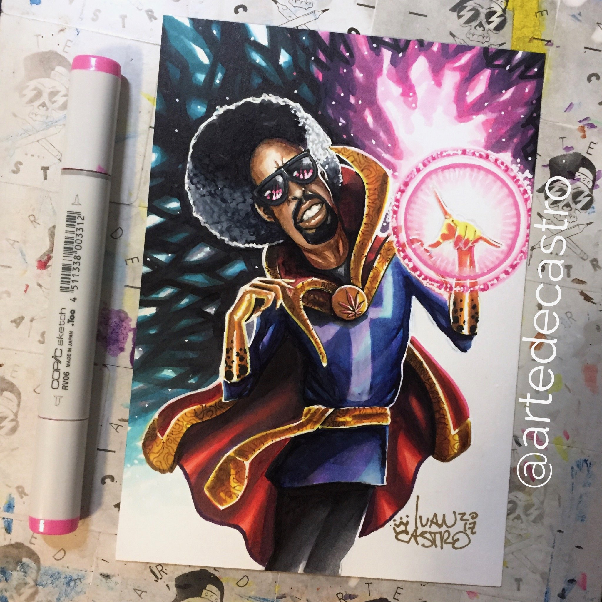 A colorful painting of a man with curly hair wearing sunglasses and a cape, with a vibrant explosion of pink, purple, and blue behind him, and a bright energy emitting from his hand. 