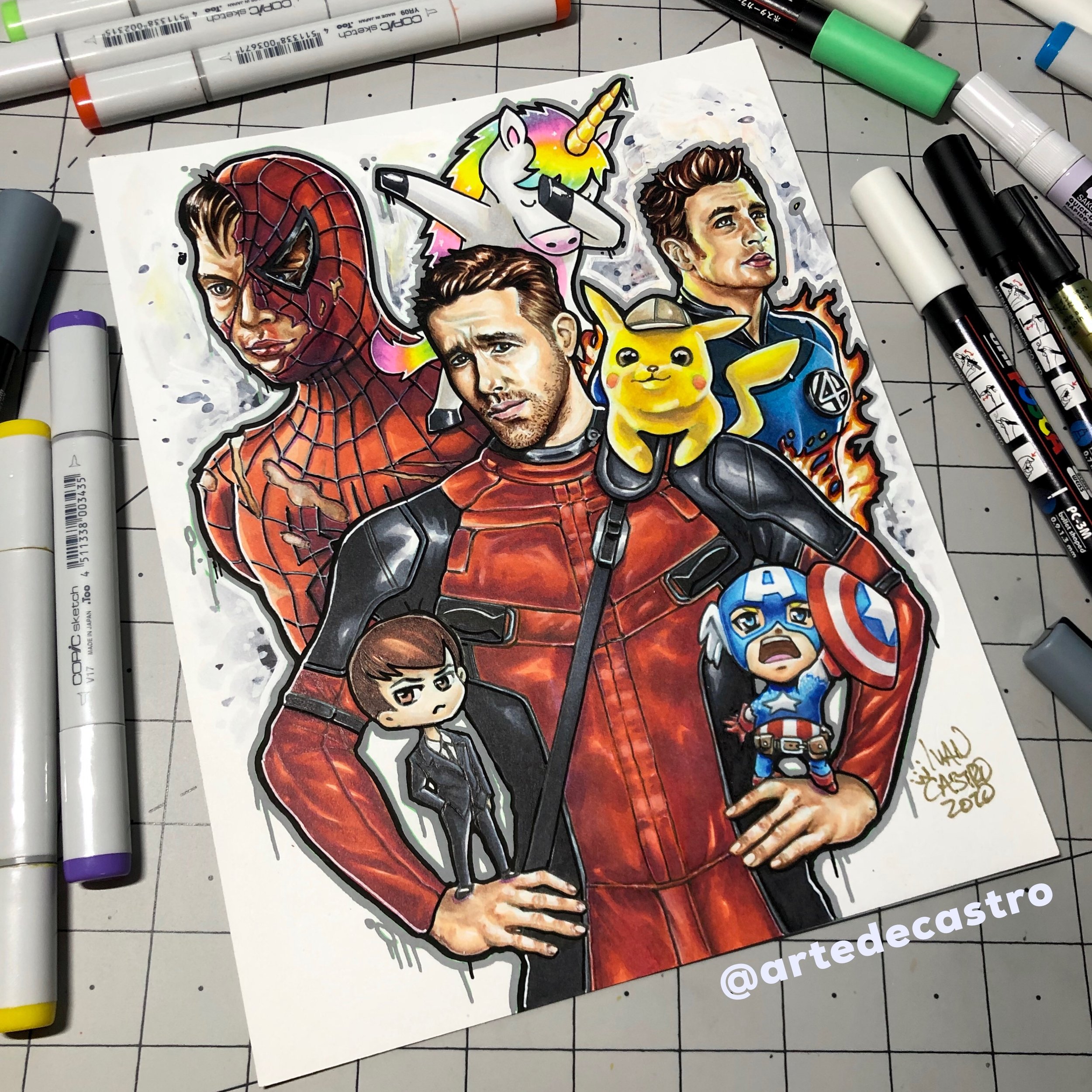 Colorful mixed media illustraion featuring Marvel superheroes like Spider-Man, Iron Man, Captain America, and a cartoon unicorn with a rainbow mane surrounded by pens and markers on a cutting mat.