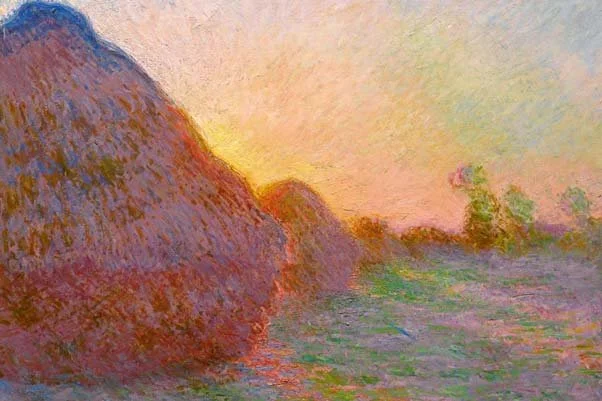 Claude Monet Haystacks painting showing warm highlights and cool complementary shadows