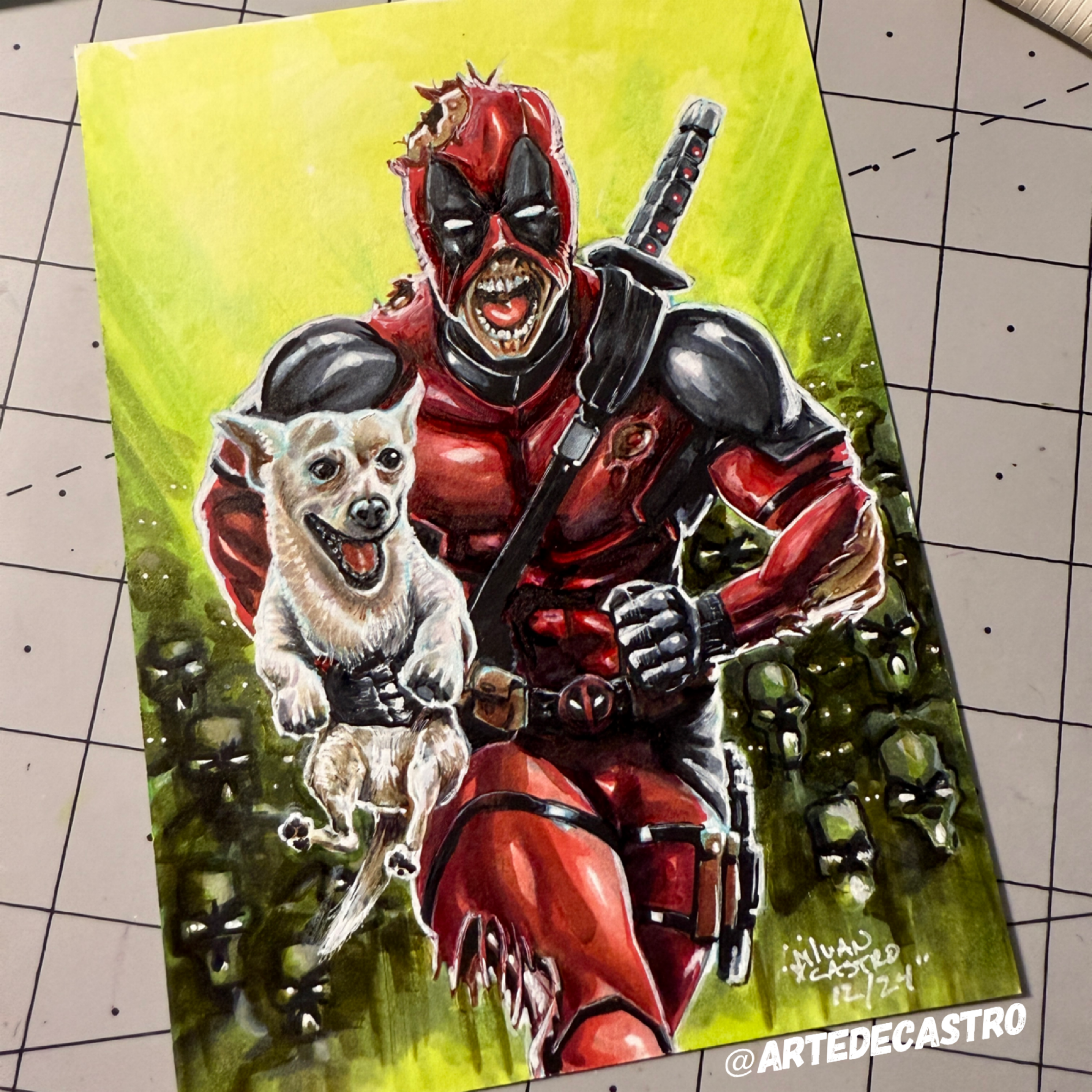 Illustration of Deadpool in a red and black suit holding a dog. The background is bright green with a grid pattern.
