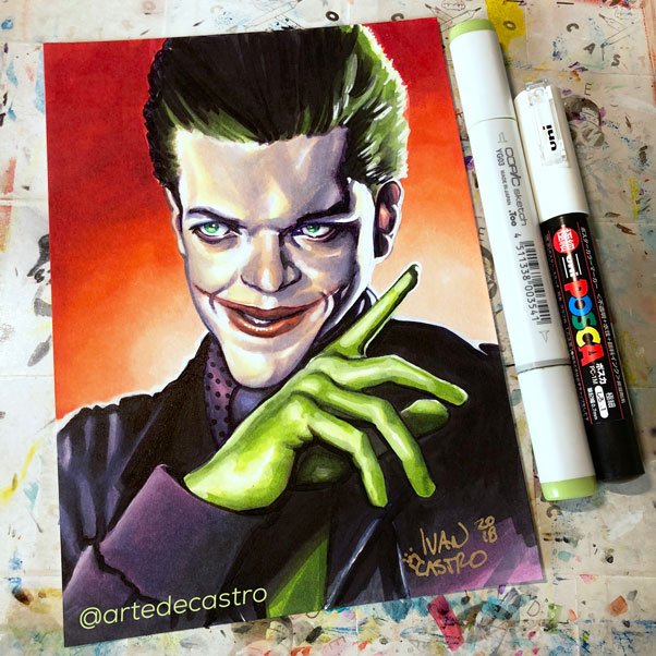 Joker character commission portrait drawn with Copic markers, original hand-drawn art by artedecastro