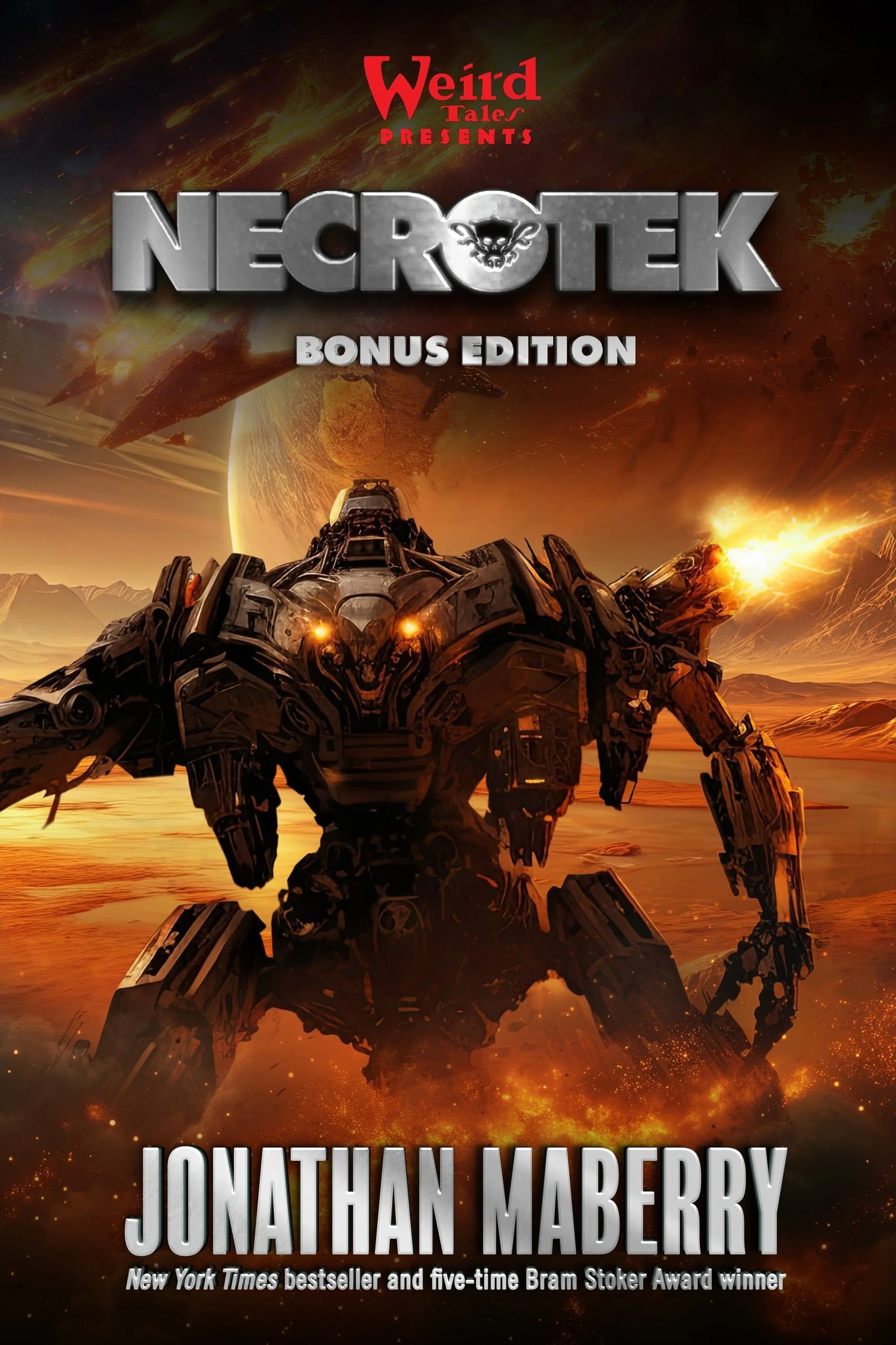 Book cover for 'Neocoretk Bonus Edition' by Jonathan Maberry featuring a robotic spider in a fiery, apocalyptic landscape with exploding volcanoes and a large planet in the sky.