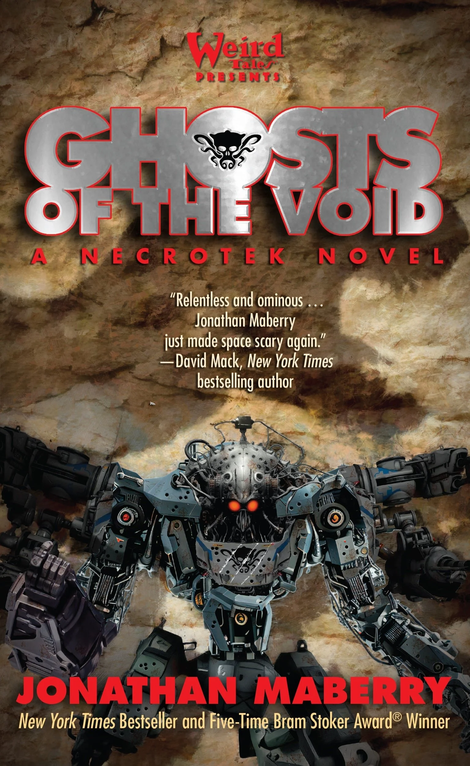 Book cover for 'Ghosts of the Void' by Jonathan Maberry featuring a menacing robotic skull creature with glowing red eyes, set against a smoky, apocalyptic background.