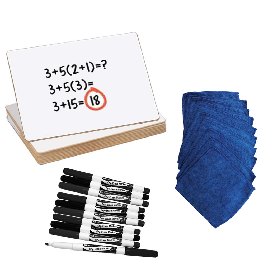 Whiteboard, markers, and eraser cloth